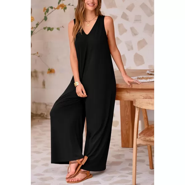 imagePRETTYGARDEN Womens Casual Summer Loose Jumpsuits Sleeveless Tank V Neck Wide Leg One Piece RomperBlack