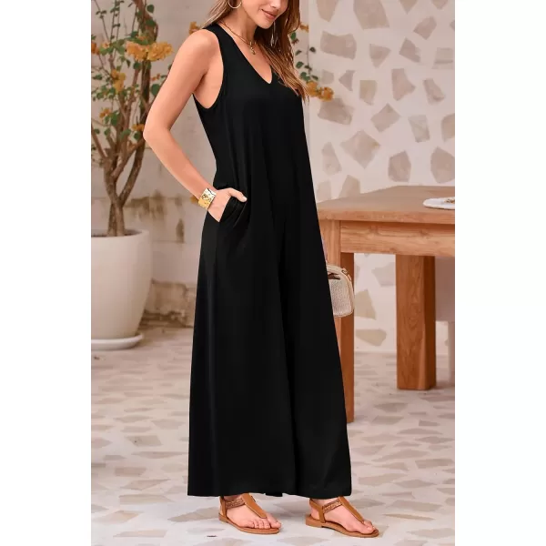 imagePRETTYGARDEN Womens Casual Summer Loose Jumpsuits Sleeveless Tank V Neck Wide Leg One Piece RomperBlack