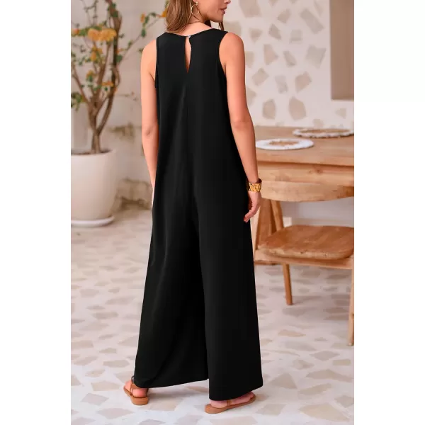 imagePRETTYGARDEN Womens Casual Summer Loose Jumpsuits Sleeveless Tank V Neck Wide Leg One Piece RomperBlack