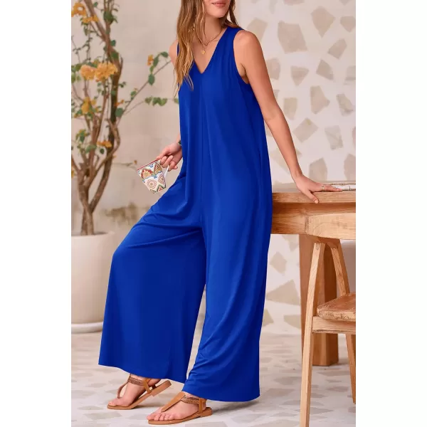 imagePRETTYGARDEN Womens Casual Summer Loose Jumpsuits Sleeveless Tank V Neck Wide Leg One Piece RomperBrilliant Blue
