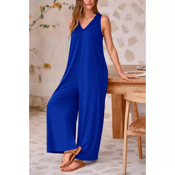 imagePRETTYGARDEN Womens Casual Summer Loose Jumpsuits Sleeveless Tank V Neck Wide Leg One Piece RomperBrilliant Blue