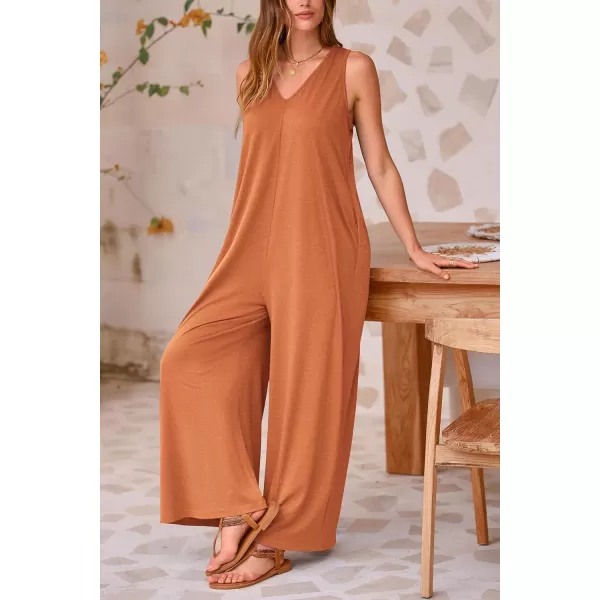 imagePRETTYGARDEN Womens Casual Summer Loose Jumpsuits Sleeveless Tank V Neck Wide Leg One Piece RomperCaramel