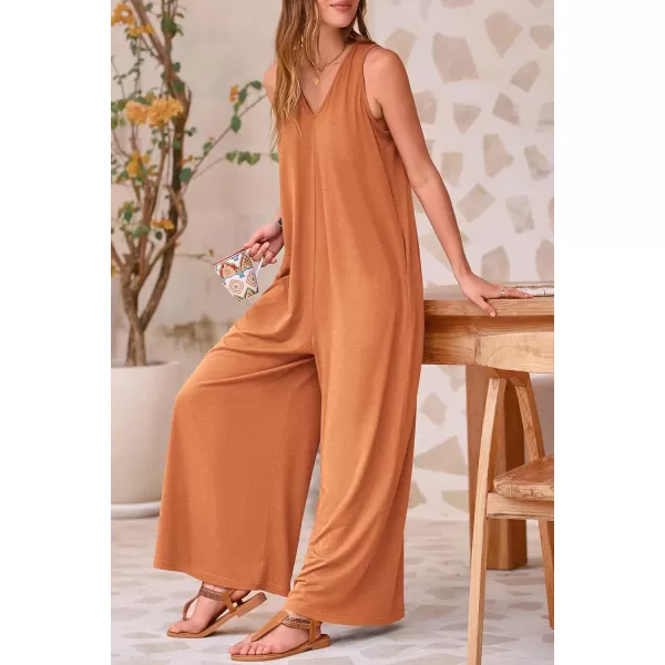 imagePRETTYGARDEN Womens Casual Summer Loose Jumpsuits Sleeveless Tank V Neck Wide Leg One Piece RomperCaramel