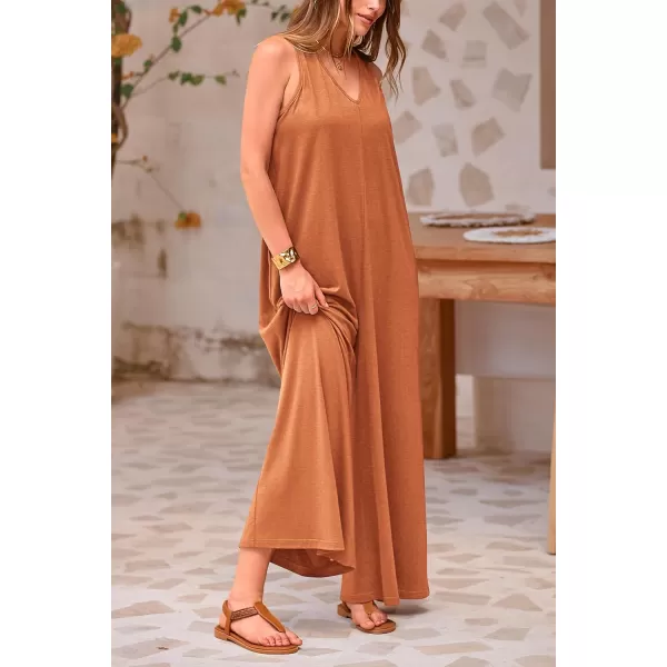 imagePRETTYGARDEN Womens Casual Summer Loose Jumpsuits Sleeveless Tank V Neck Wide Leg One Piece RomperCaramel