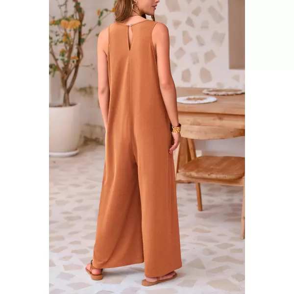 imagePRETTYGARDEN Womens Casual Summer Loose Jumpsuits Sleeveless Tank V Neck Wide Leg One Piece RomperCaramel