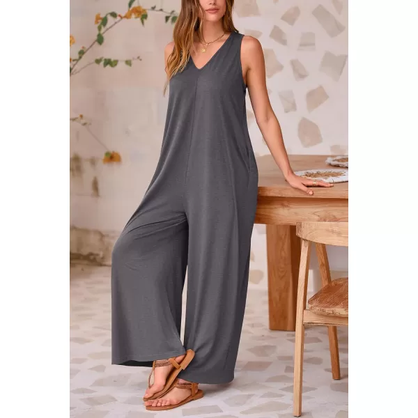 imagePRETTYGARDEN Womens Casual Summer Loose Jumpsuits Sleeveless Tank V Neck Wide Leg One Piece RomperGrey