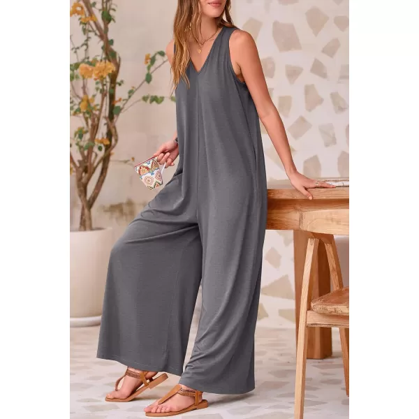 imagePRETTYGARDEN Womens Casual Summer Loose Jumpsuits Sleeveless Tank V Neck Wide Leg One Piece RomperGrey