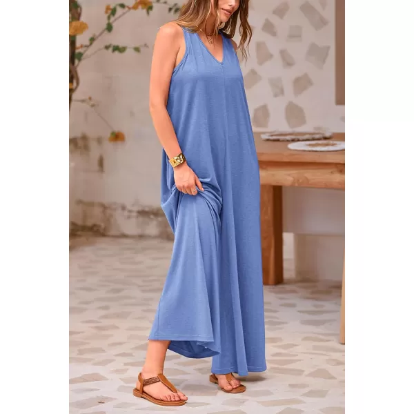 imagePRETTYGARDEN Womens Casual Summer Loose Jumpsuits Sleeveless Tank V Neck Wide Leg One Piece RomperLight Blue