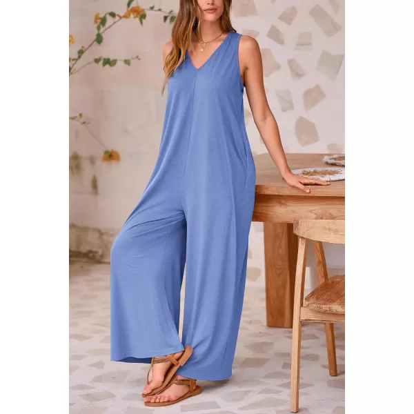 imagePRETTYGARDEN Womens Casual Summer Loose Jumpsuits Sleeveless Tank V Neck Wide Leg One Piece RomperLight Blue