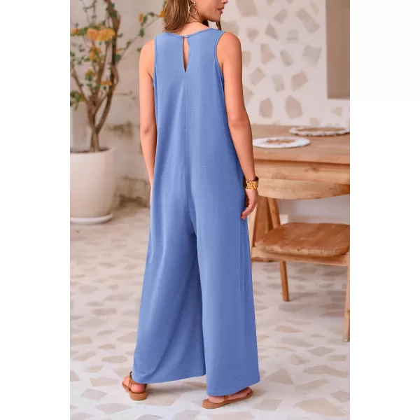 imagePRETTYGARDEN Womens Casual Summer Loose Jumpsuits Sleeveless Tank V Neck Wide Leg One Piece RomperLight Blue