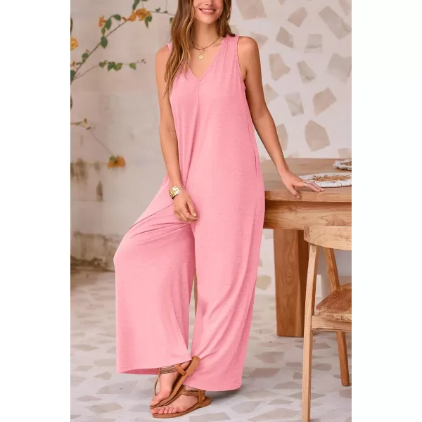 imagePRETTYGARDEN Womens Casual Summer Loose Jumpsuits Sleeveless Tank V Neck Wide Leg One Piece RomperPink
