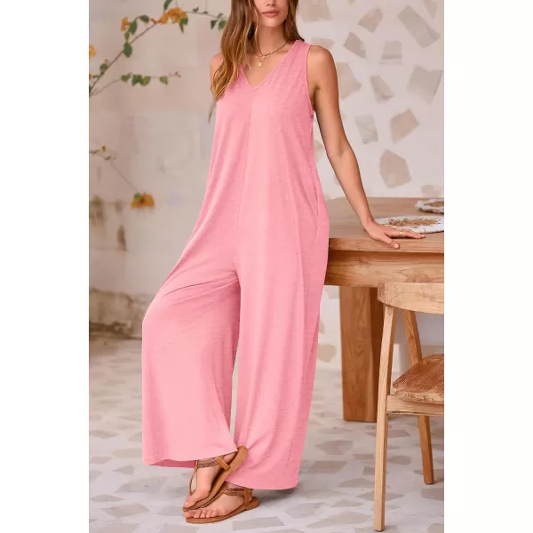 imagePRETTYGARDEN Womens Casual Summer Loose Jumpsuits Sleeveless Tank V Neck Wide Leg One Piece RomperPink
