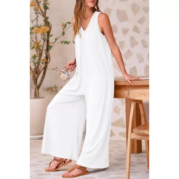 imagePRETTYGARDEN Womens Casual Summer Loose Jumpsuits Sleeveless Tank V Neck Wide Leg One Piece RomperWhite