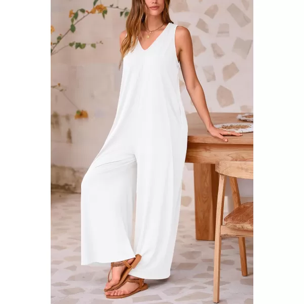 imagePRETTYGARDEN Womens Casual Summer Loose Jumpsuits Sleeveless Tank V Neck Wide Leg One Piece RomperWhite