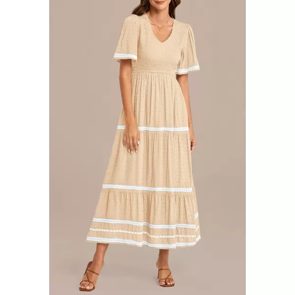 imagePRETTYGARDEN Womens Casual Summer Maxi Dress Short Sleeve Swiss Dot V Neck Smocked Long Flowy Beach DressesApricot