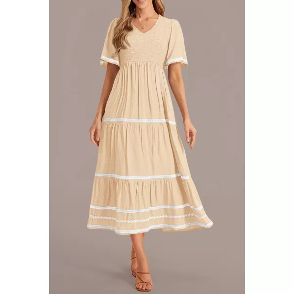 imagePRETTYGARDEN Womens Casual Summer Maxi Dress Short Sleeve Swiss Dot V Neck Smocked Long Flowy Beach DressesApricot