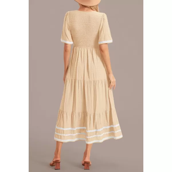 imagePRETTYGARDEN Womens Casual Summer Maxi Dress Short Sleeve Swiss Dot V Neck Smocked Long Flowy Beach DressesApricot