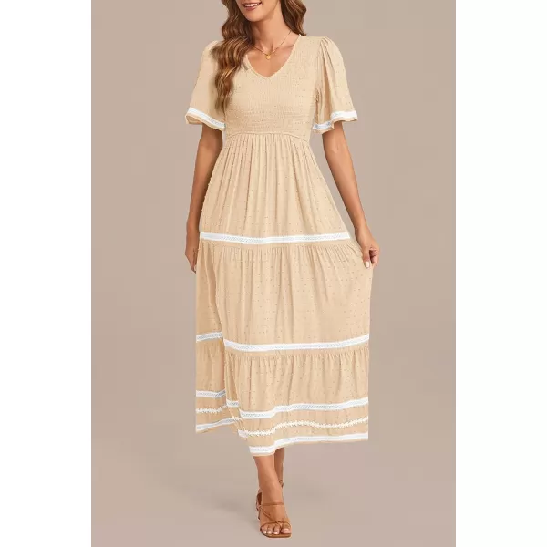 imagePRETTYGARDEN Womens Casual Summer Maxi Dress Short Sleeve Swiss Dot V Neck Smocked Long Flowy Beach DressesApricot
