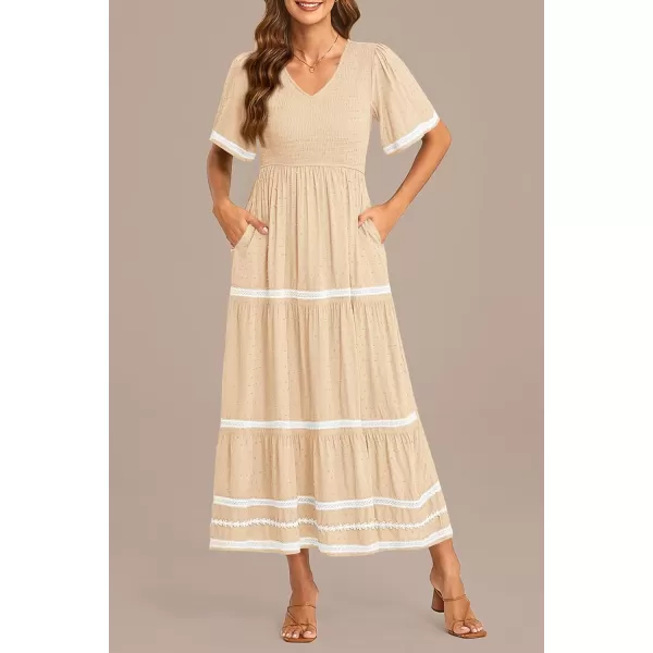 imagePRETTYGARDEN Womens Casual Summer Maxi Dress Short Sleeve Swiss Dot V Neck Smocked Long Flowy Beach DressesApricot