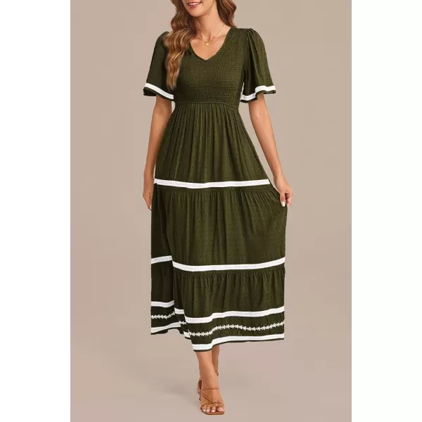 imagePRETTYGARDEN Womens Casual Summer Maxi Dress Short Sleeve Swiss Dot V Neck Smocked Long Flowy Beach DressesArmy Green