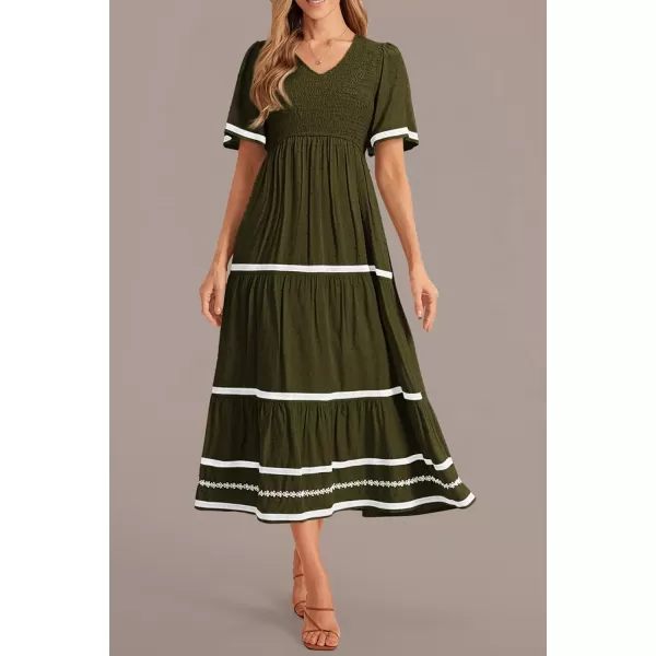 imagePRETTYGARDEN Womens Casual Summer Maxi Dress Short Sleeve Swiss Dot V Neck Smocked Long Flowy Beach DressesArmy Green