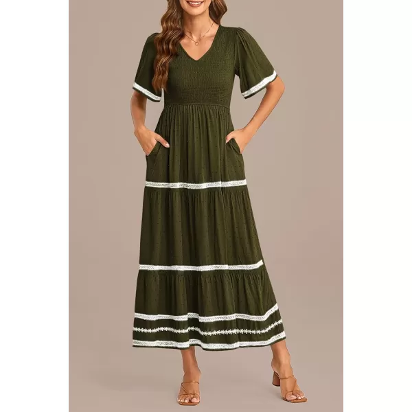 imagePRETTYGARDEN Womens Casual Summer Maxi Dress Short Sleeve Swiss Dot V Neck Smocked Long Flowy Beach DressesArmy Green
