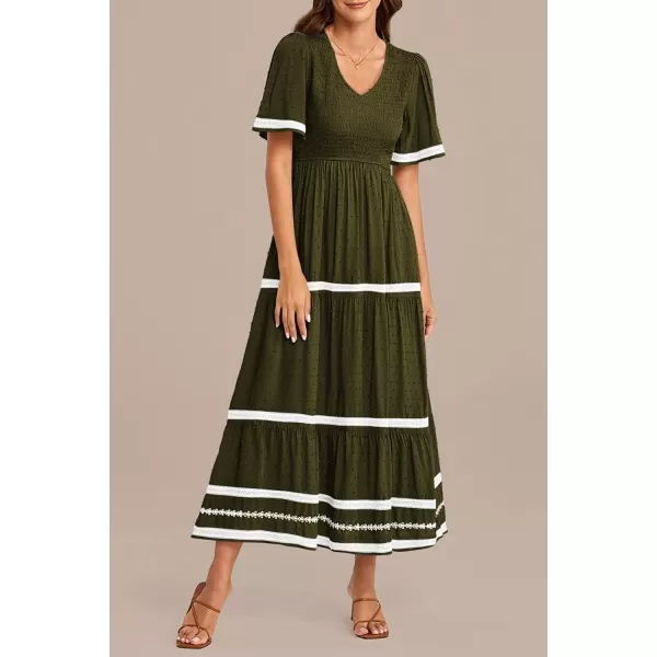 imagePRETTYGARDEN Womens Casual Summer Maxi Dress Short Sleeve Swiss Dot V Neck Smocked Long Flowy Beach DressesArmy Green