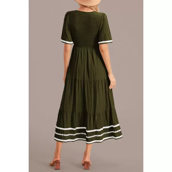 imagePRETTYGARDEN Womens Casual Summer Maxi Dress Short Sleeve Swiss Dot V Neck Smocked Long Flowy Beach DressesArmy Green