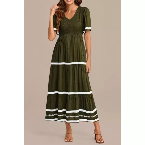 imagePRETTYGARDEN Womens Casual Summer Maxi Dress Short Sleeve Swiss Dot V Neck Smocked Long Flowy Beach DressesArmy Green