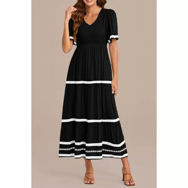 imagePRETTYGARDEN Womens Casual Summer Maxi Dress Short Sleeve Swiss Dot V Neck Smocked Long Flowy Beach DressesBlack