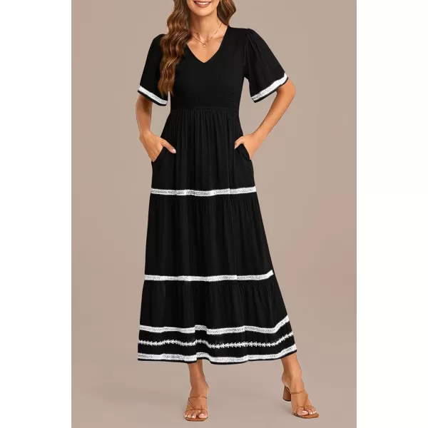 imagePRETTYGARDEN Womens Casual Summer Maxi Dress Short Sleeve Swiss Dot V Neck Smocked Long Flowy Beach DressesBlack