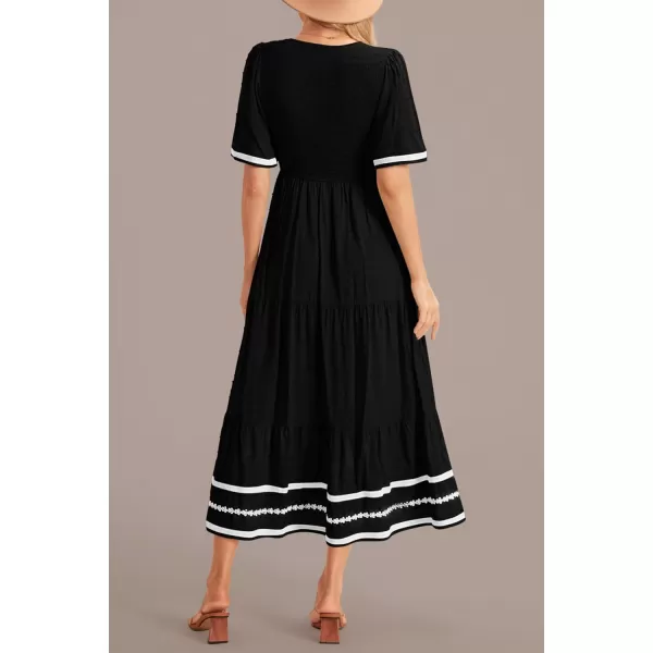 imagePRETTYGARDEN Womens Casual Summer Maxi Dress Short Sleeve Swiss Dot V Neck Smocked Long Flowy Beach DressesBlack