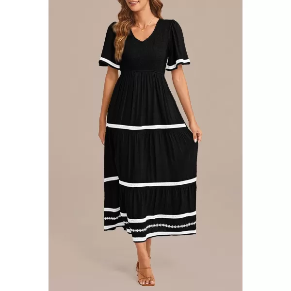 imagePRETTYGARDEN Womens Casual Summer Maxi Dress Short Sleeve Swiss Dot V Neck Smocked Long Flowy Beach DressesBlack