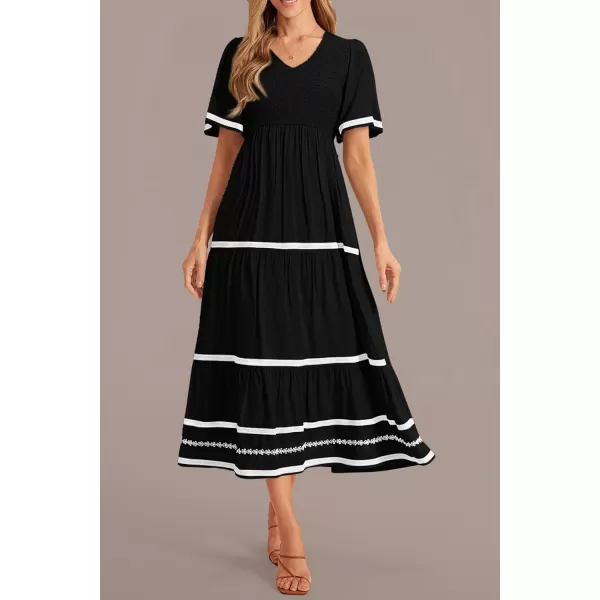 imagePRETTYGARDEN Womens Casual Summer Maxi Dress Short Sleeve Swiss Dot V Neck Smocked Long Flowy Beach DressesBlack
