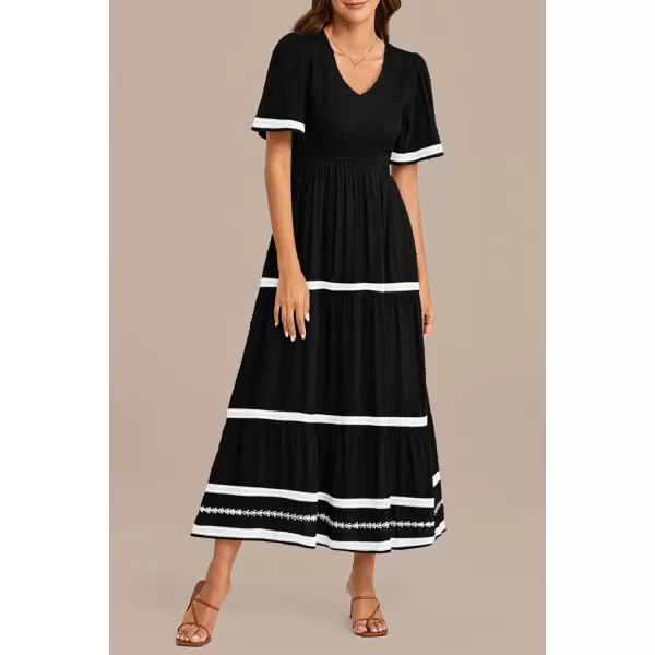 imagePRETTYGARDEN Womens Casual Summer Maxi Dress Short Sleeve Swiss Dot V Neck Smocked Long Flowy Beach DressesBlack