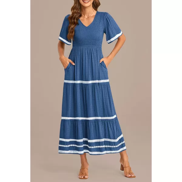 imagePRETTYGARDEN Womens Casual Summer Maxi Dress Short Sleeve Swiss Dot V Neck Smocked Long Flowy Beach DressesBlue