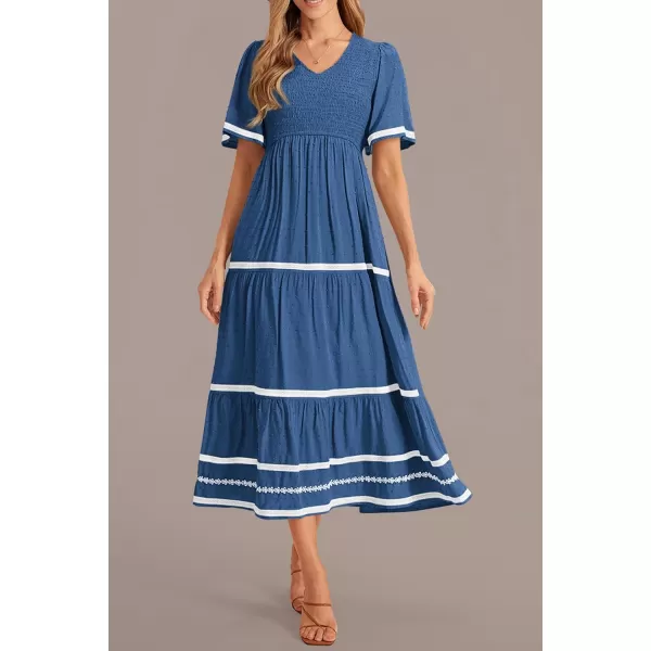 imagePRETTYGARDEN Womens Casual Summer Maxi Dress Short Sleeve Swiss Dot V Neck Smocked Long Flowy Beach DressesBlue