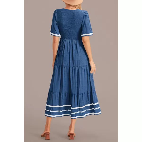 imagePRETTYGARDEN Womens Casual Summer Maxi Dress Short Sleeve Swiss Dot V Neck Smocked Long Flowy Beach DressesBlue
