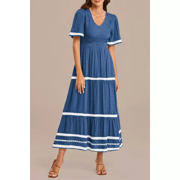 imagePRETTYGARDEN Womens Casual Summer Maxi Dress Short Sleeve Swiss Dot V Neck Smocked Long Flowy Beach DressesBlue