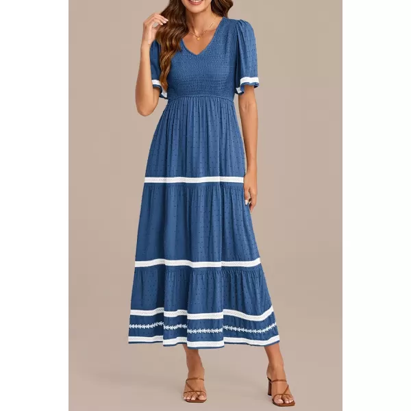 imagePRETTYGARDEN Womens Casual Summer Maxi Dress Short Sleeve Swiss Dot V Neck Smocked Long Flowy Beach DressesBlue