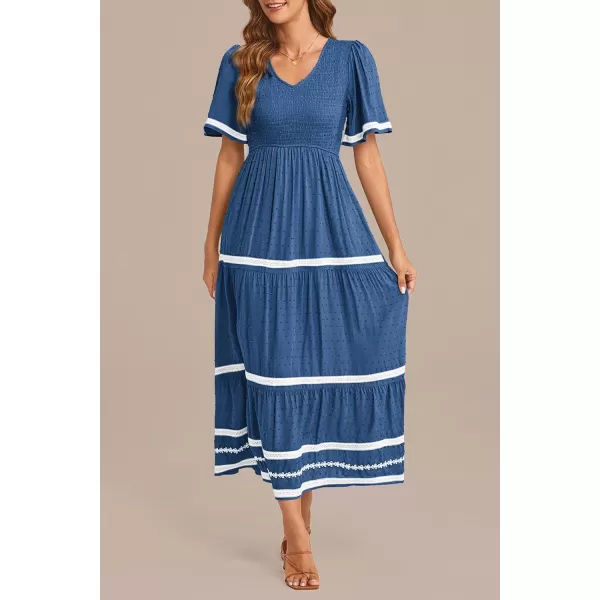 imagePRETTYGARDEN Womens Casual Summer Maxi Dress Short Sleeve Swiss Dot V Neck Smocked Long Flowy Beach DressesBlue