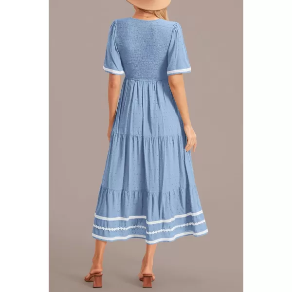 imagePRETTYGARDEN Womens Casual Summer Maxi Dress Short Sleeve Swiss Dot V Neck Smocked Long Flowy Beach DressesLight Blue