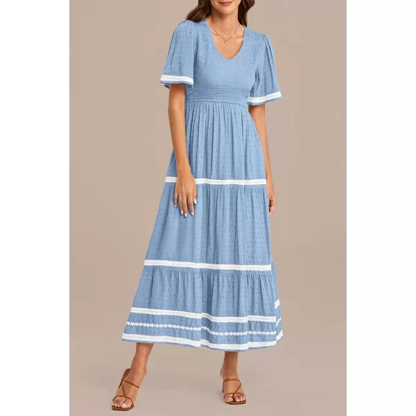 imagePRETTYGARDEN Womens Casual Summer Maxi Dress Short Sleeve Swiss Dot V Neck Smocked Long Flowy Beach DressesLight Blue