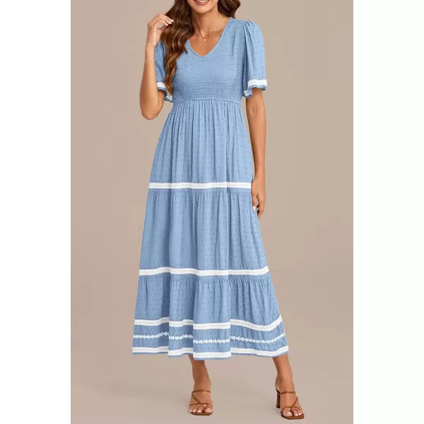 imagePRETTYGARDEN Womens Casual Summer Maxi Dress Short Sleeve Swiss Dot V Neck Smocked Long Flowy Beach DressesLight Blue