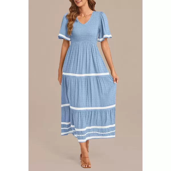 imagePRETTYGARDEN Womens Casual Summer Maxi Dress Short Sleeve Swiss Dot V Neck Smocked Long Flowy Beach DressesLight Blue