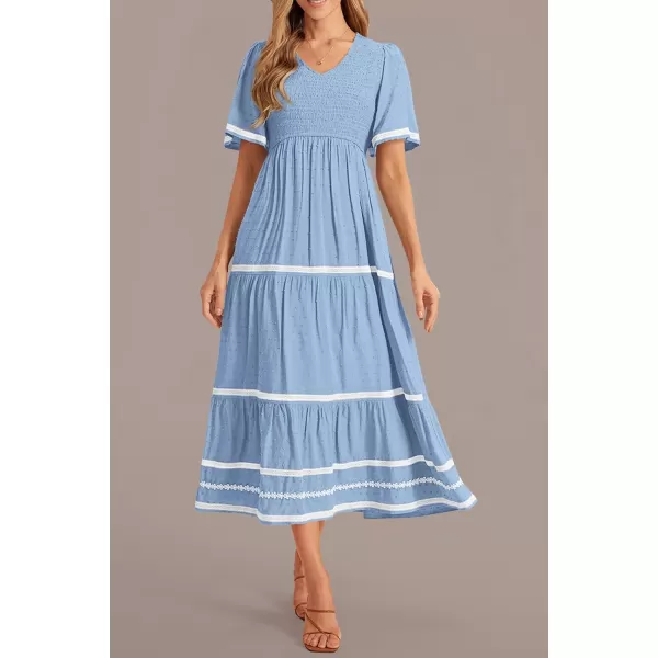 imagePRETTYGARDEN Womens Casual Summer Maxi Dress Short Sleeve Swiss Dot V Neck Smocked Long Flowy Beach DressesLight Blue