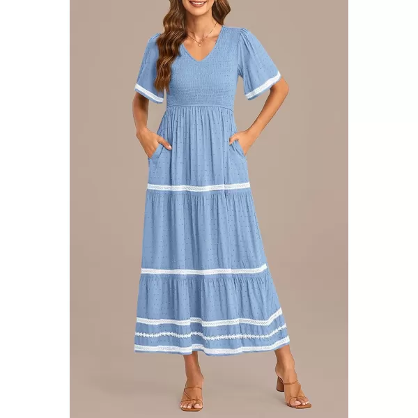 imagePRETTYGARDEN Womens Casual Summer Maxi Dress Short Sleeve Swiss Dot V Neck Smocked Long Flowy Beach DressesLight Blue