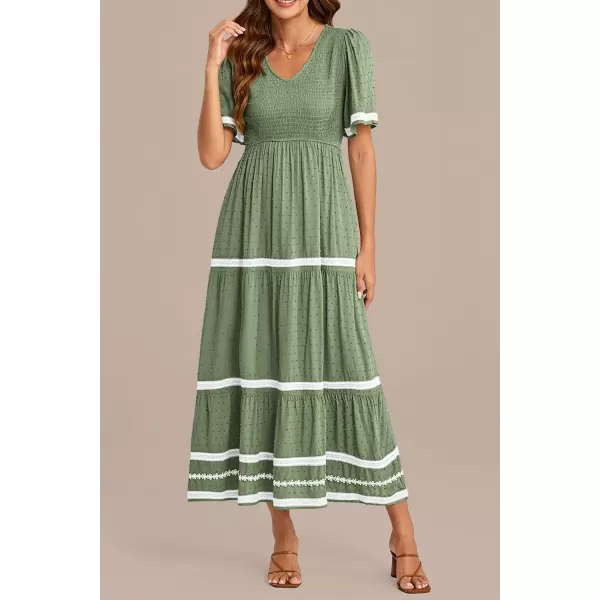 imagePRETTYGARDEN Womens Casual Summer Maxi Dress Short Sleeve Swiss Dot V Neck Smocked Long Flowy Beach DressesLight Green