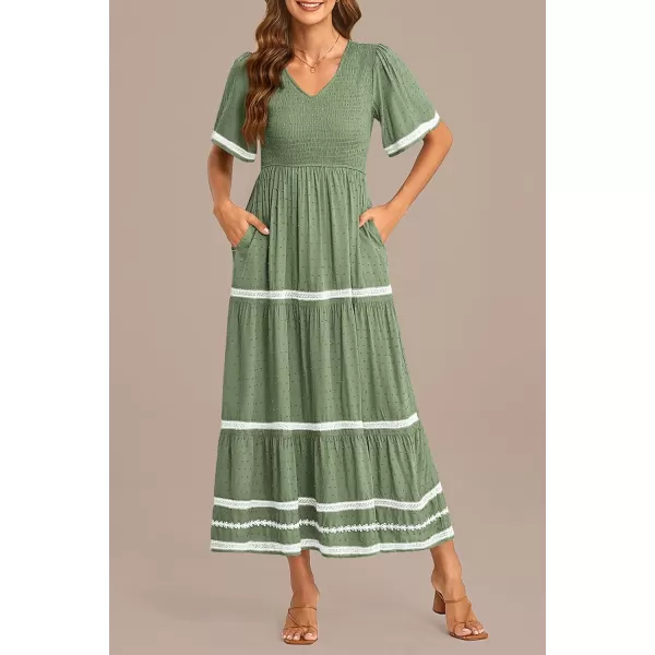 imagePRETTYGARDEN Womens Casual Summer Maxi Dress Short Sleeve Swiss Dot V Neck Smocked Long Flowy Beach DressesLight Green
