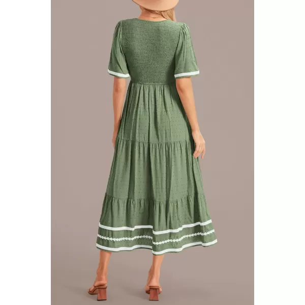 imagePRETTYGARDEN Womens Casual Summer Maxi Dress Short Sleeve Swiss Dot V Neck Smocked Long Flowy Beach DressesLight Green